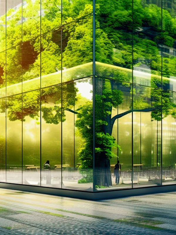 office building with tree for reducing carbon dioxide, Eco green